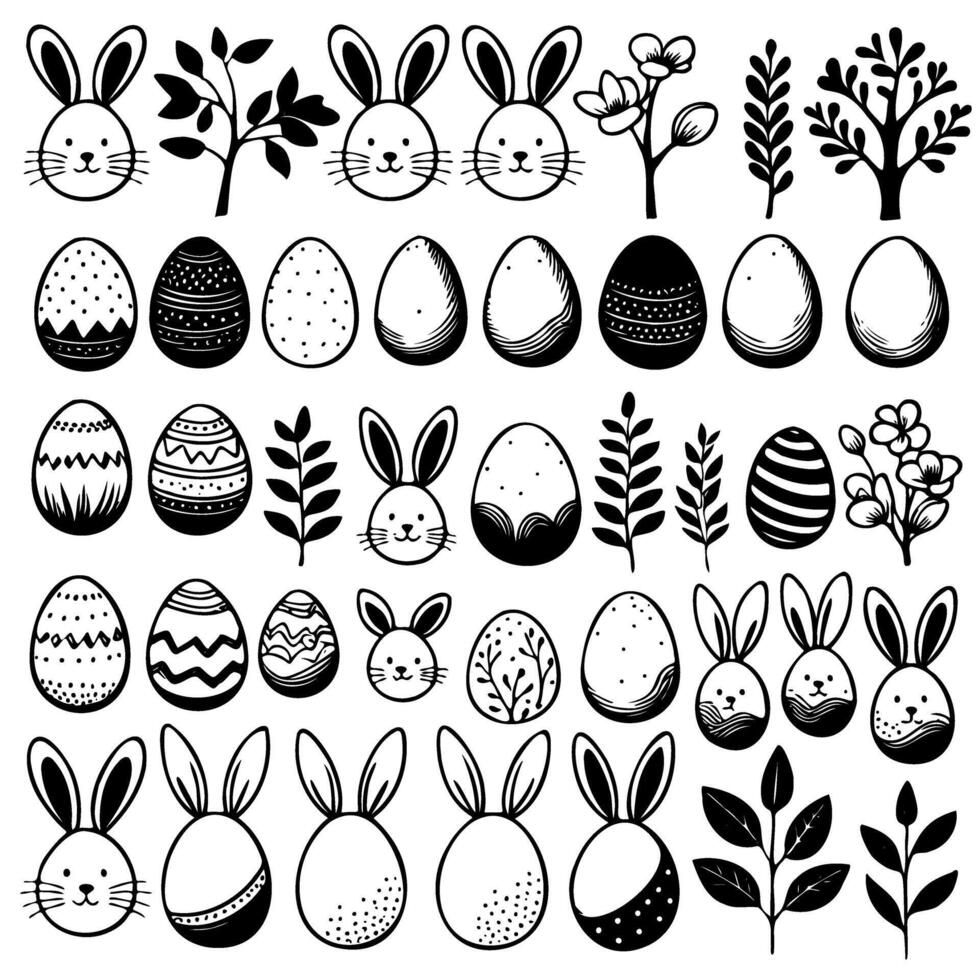 A collection black and white Easter eggs and rabbits vector