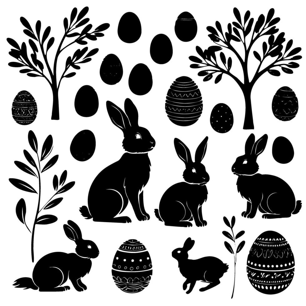A collection black and white Easter bunny and egg illustrations vector