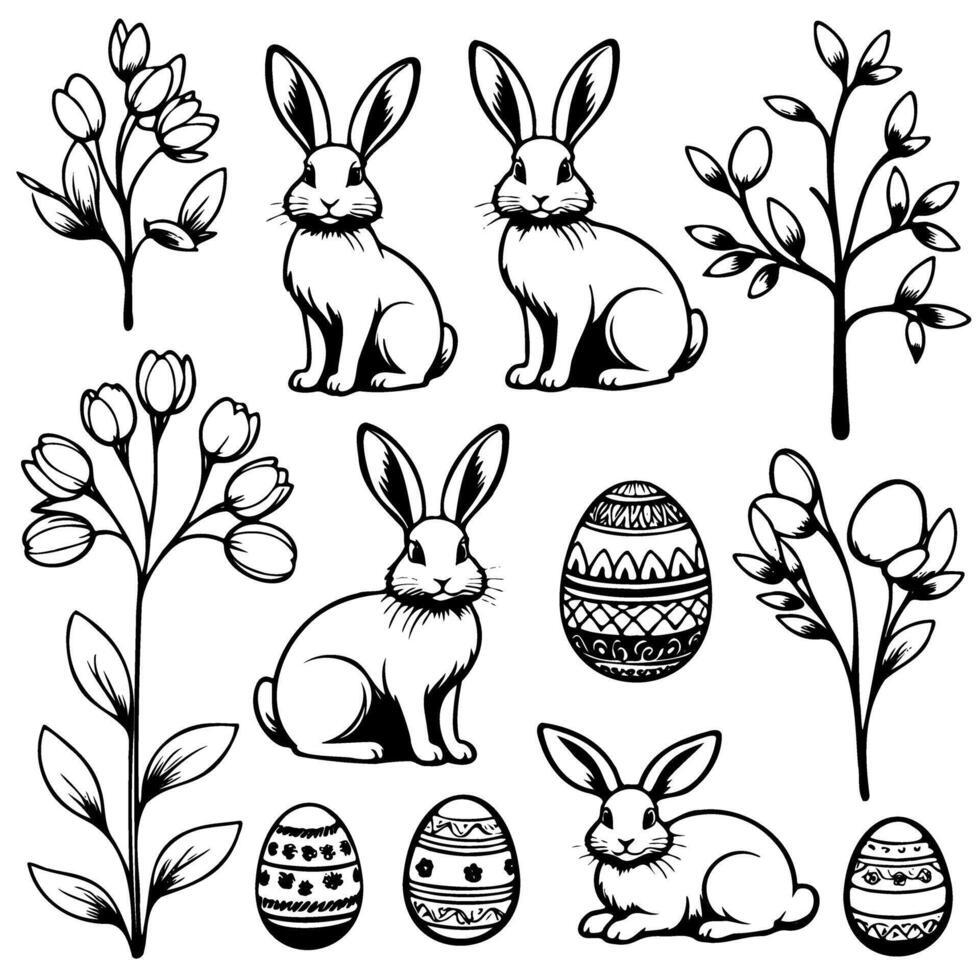A set black and white drawings of rabbits and flowers vector