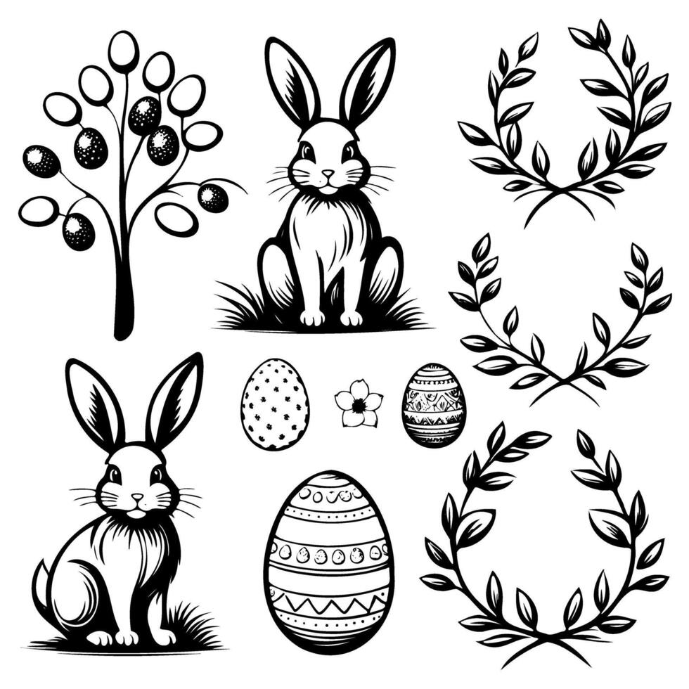 A set of black and white drawings of Easter decorations, including a rabbit vector