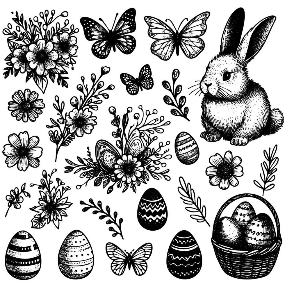black and white drawing of a rabbit and flowers with a basket of eggs vector