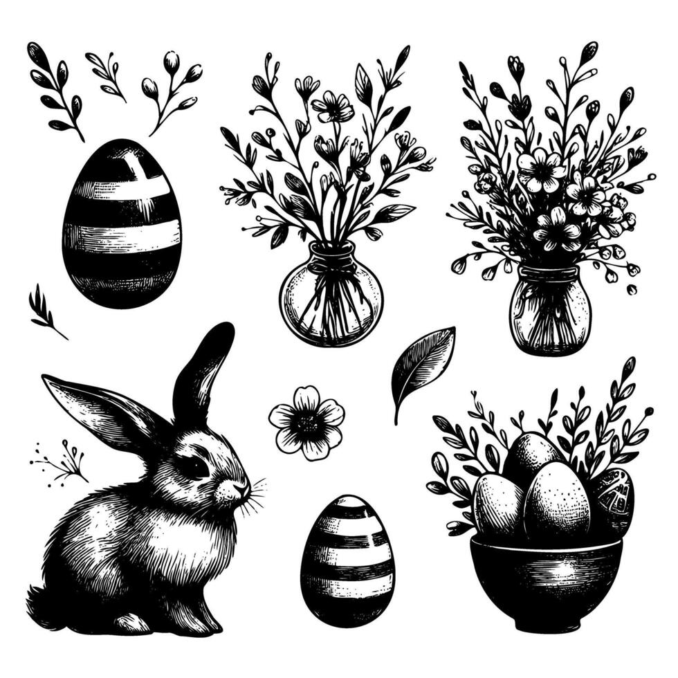 A set of black and white drawings of Easter flowers and a rabbit vector