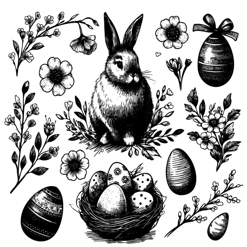 A black and white drawing of a rabbit sitting on a nest of eggs vector