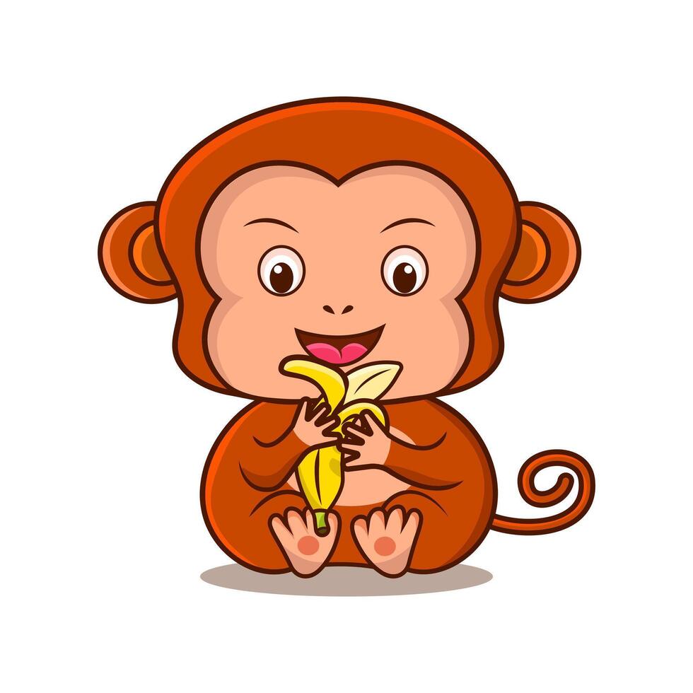 Cute lovely baby monkey sitting on the ground, enjoying a banana vector