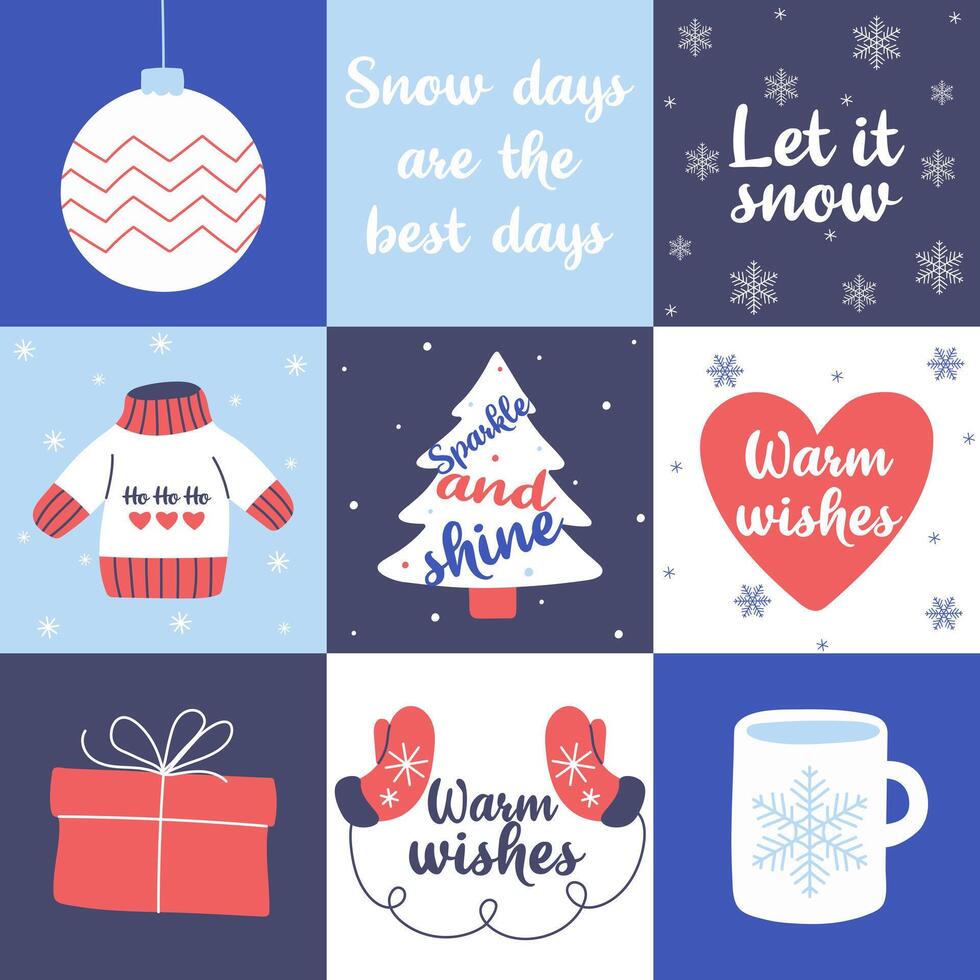 Set of winter greeting cards with hand-drawn design elements and lettering. illustration collection with xmas decoration. vector