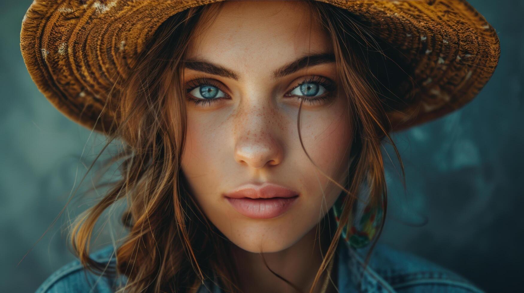 Beautiful young woman with blue eyes and freckles is wearing a straw hat photo