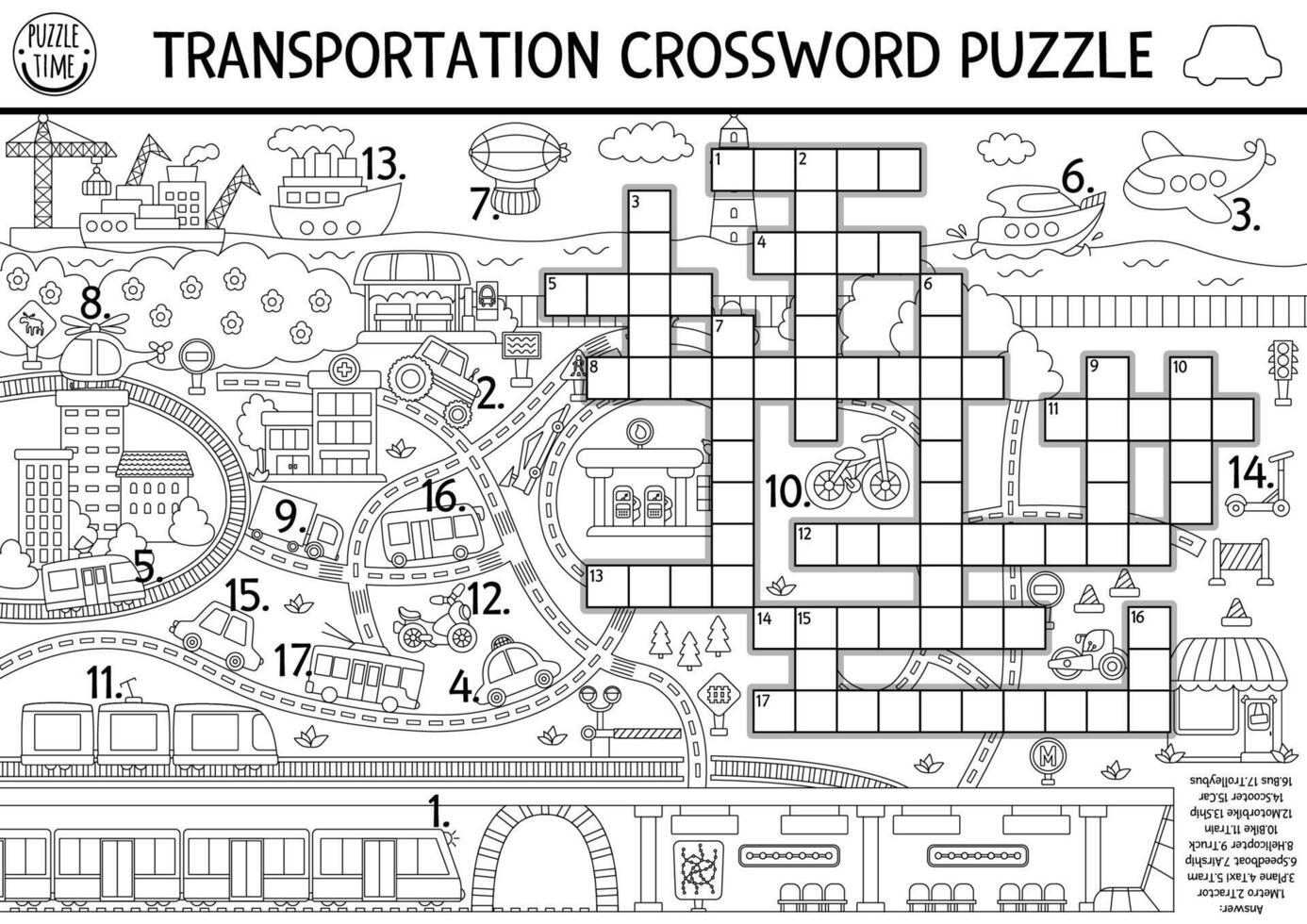 transportation black and white crossword puzzle for kids. Simple line quiz with city landscape. Educational activity with transport, car, train, bus, metro. Cute cross word coloring page vector