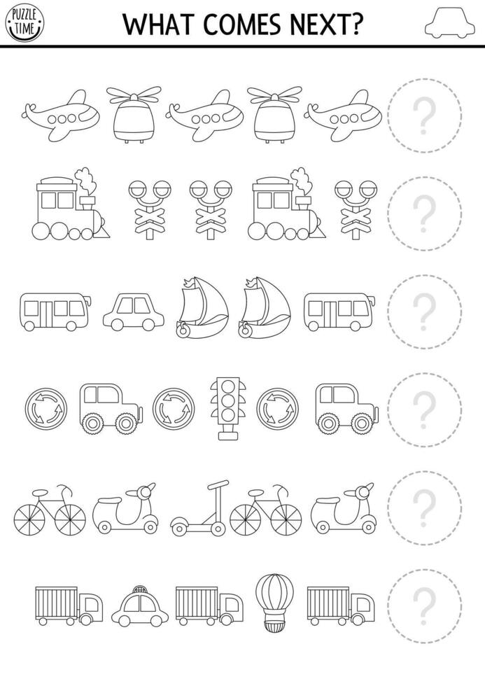What comes next. Transportation black and white matching activity with plane, car, scooter, train, boat, bus. Air, water, land transport logical worksheet or coloring page. Continue the row game vector