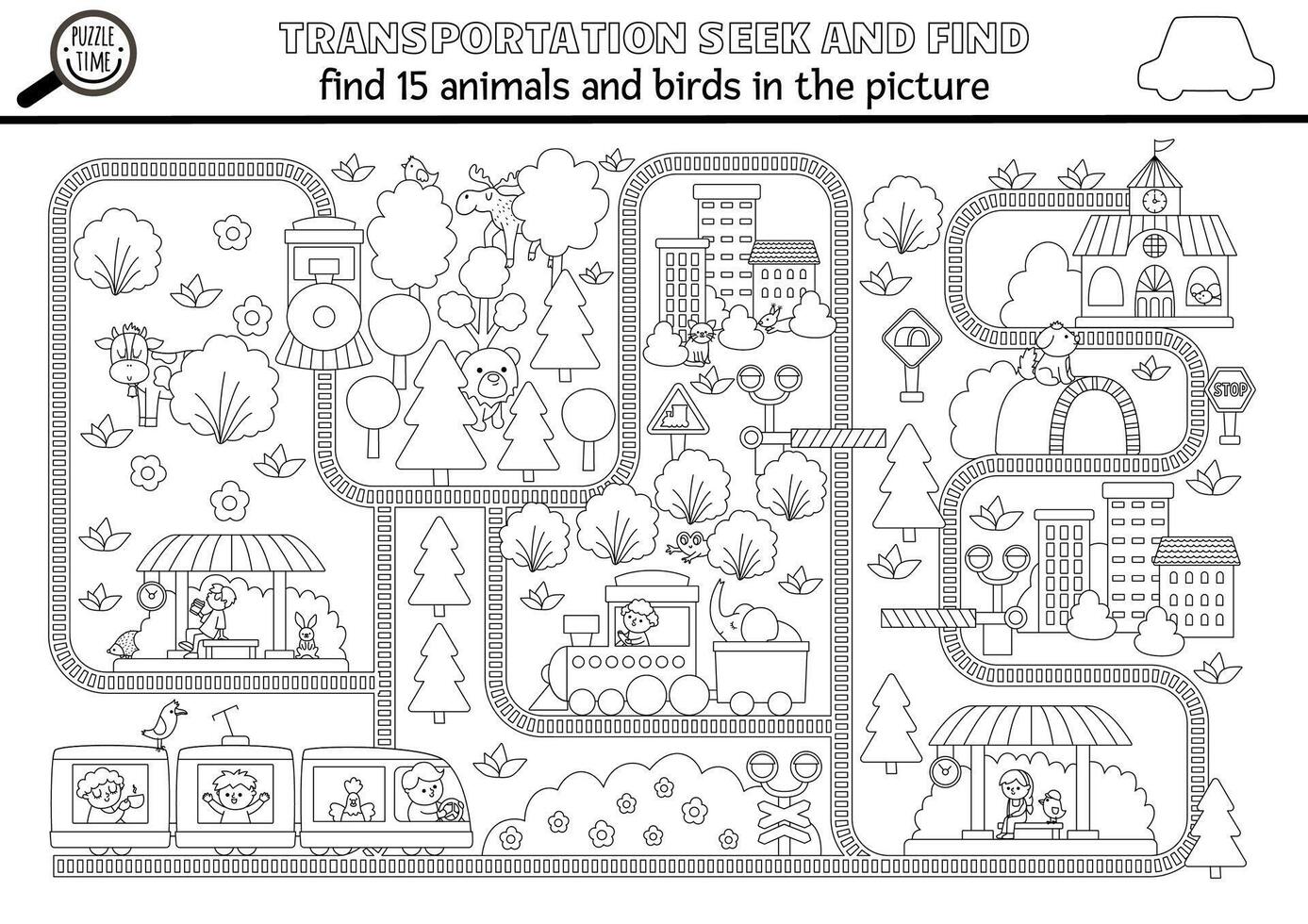 transportation searching black and white game with city landscape, rails, trains. Spot hidden animals, birds coloring page. Simple railroad transport seek find printable activity for kids vector