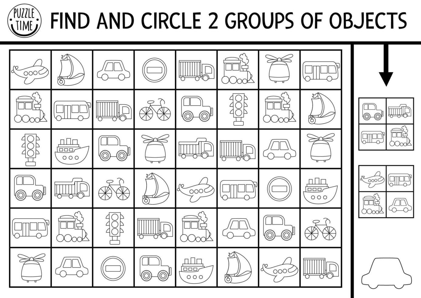 Transportation seek and find black and white game. Transport line printable activity or coloring page for kids. Searching puzzle with car, truck, bus, plane. Find groups of objects vector