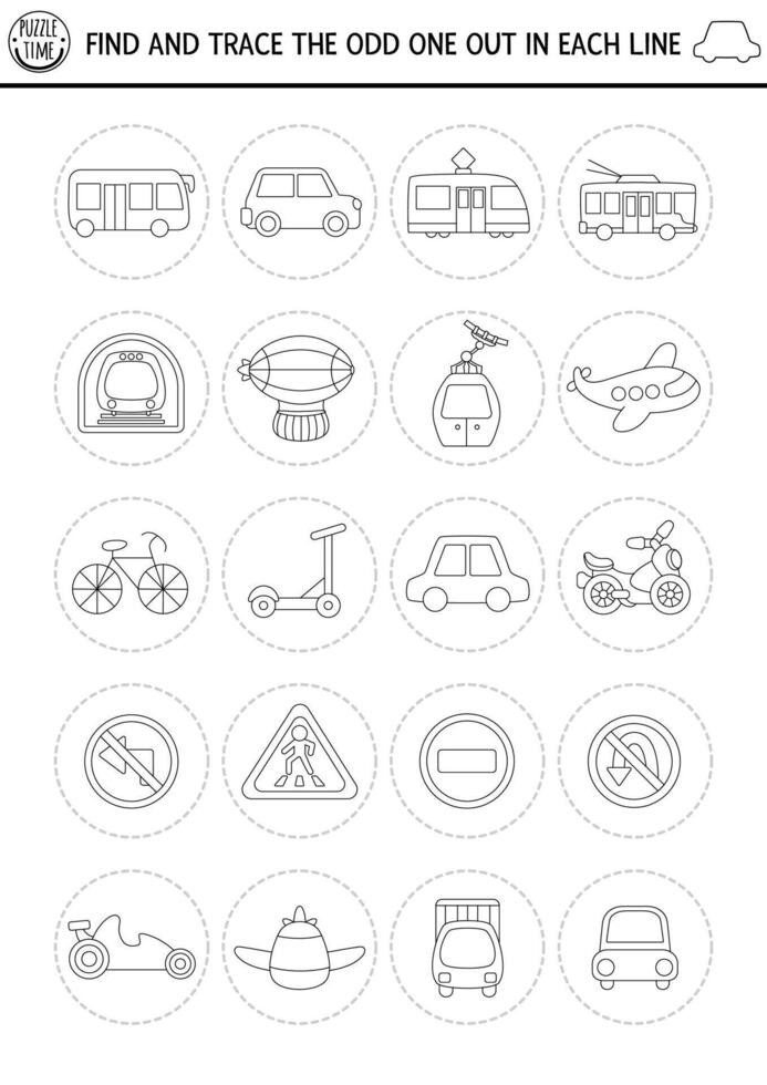 Find the odd one out. Transportation black and white logical activity for kids. Air, land, public transport educational quiz worksheet, coloring page. Printable game with car, bus, plane, road signs vector