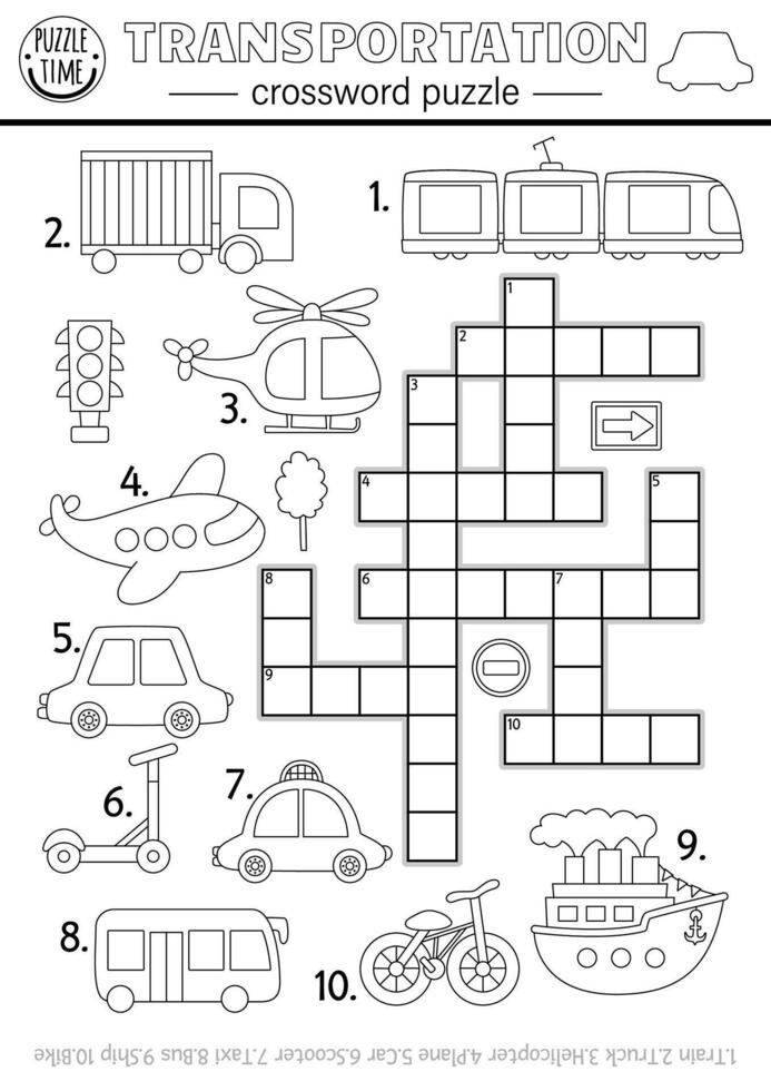 transportation crossword black and white puzzle for kids. Simple line quiz with car, truck, plane, taxi, ship, bus, scooter, bike, helicopter. Cross word coloring page activity with transport vector