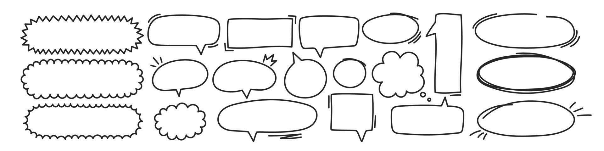 Set of doodle speech bubbles in handwritten style. Cute frames for dialogue. Comic illustration. vector
