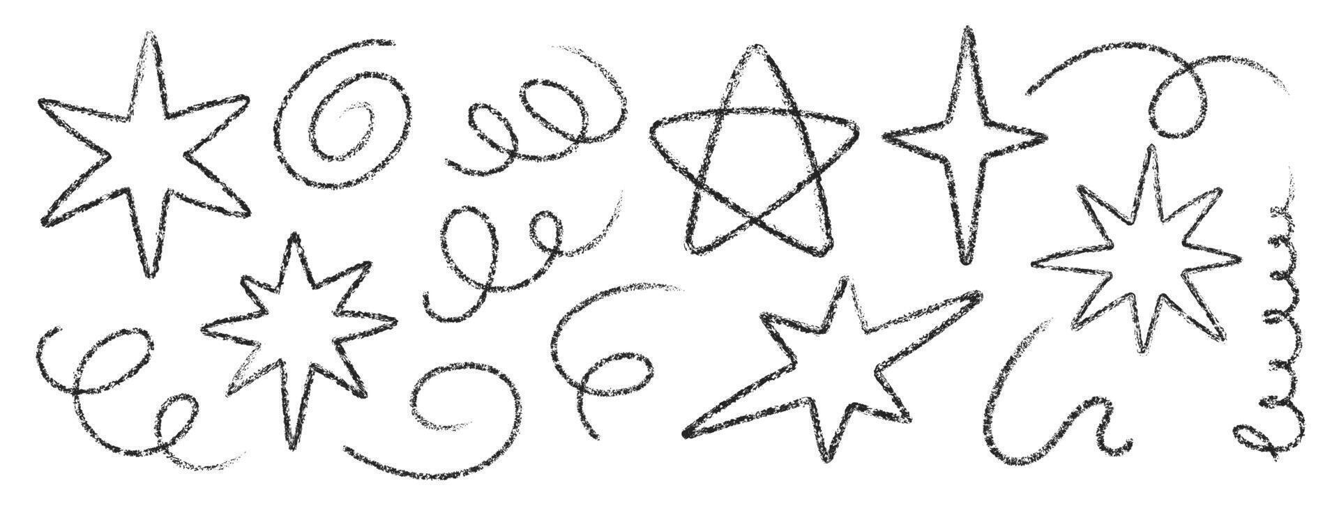 Hand drawn stars and confetti with crayon or chalk texture. Doodle illustration. vector