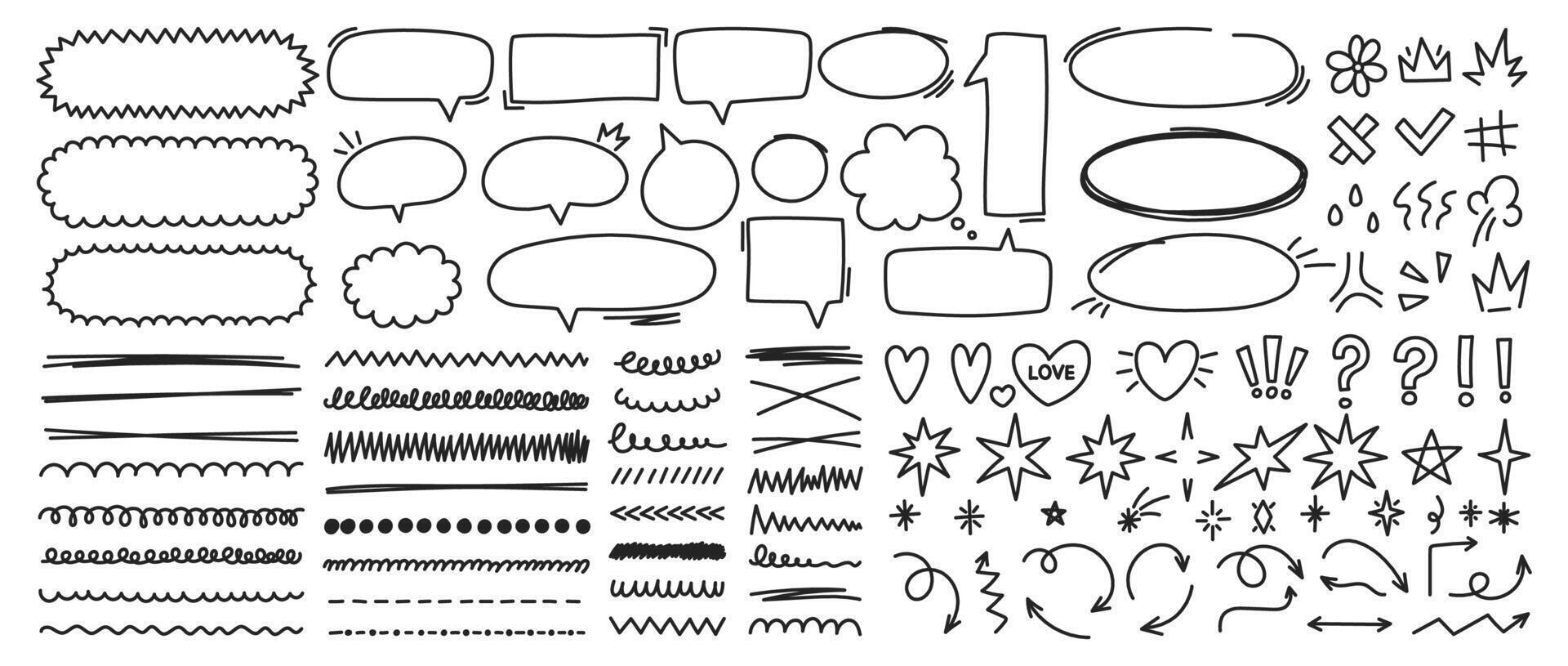 Hand drawn comic speech bubble, highlights, emphasis, exclamation, arrows, stars and crown. Sketch illustration. Editable stroke. vector