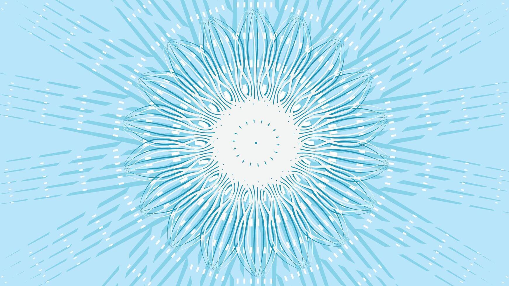 a symmetrical mandala-like pattern of intricate turquoise lines radiating from a bright white center, set against a light blue background. The design exudes harmony, energy, and modern elegance. vector