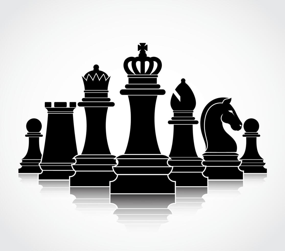 Silhouettes of black chess pieces on white background with reflections vector