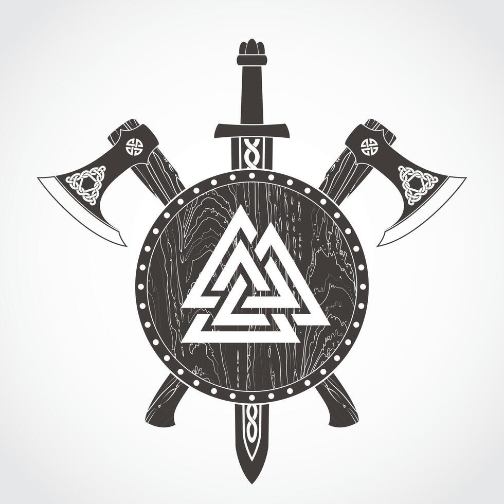 viking arms set shield axe and sword heraldry logo with valknut vector