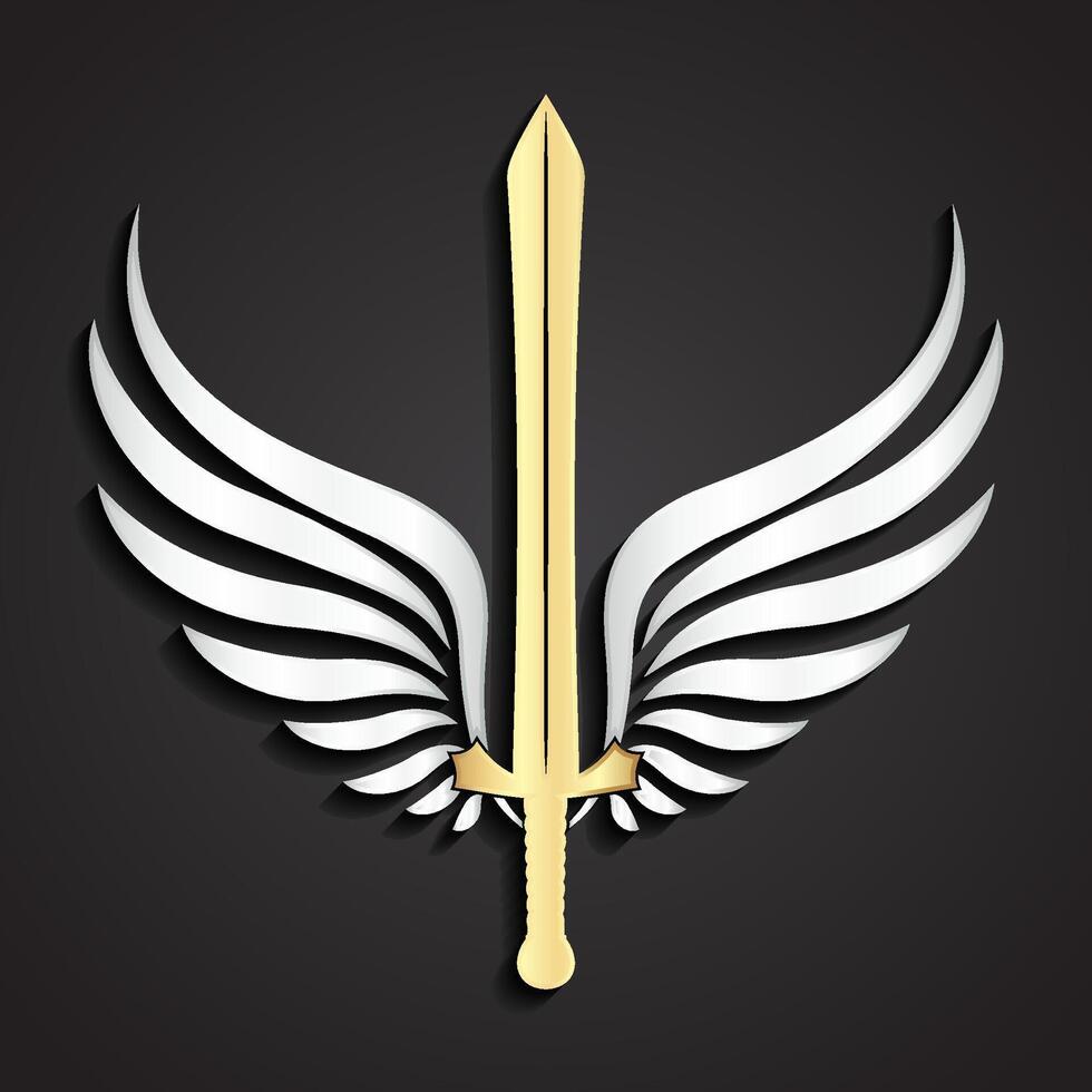 3d gold sword with silver wings symbol vector