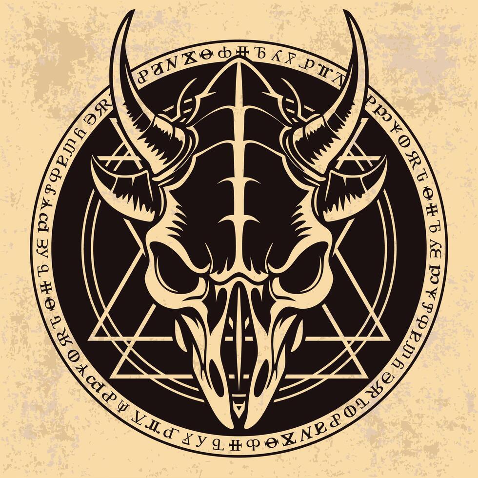 demon head on alchemy magical circle with abstract symbols and writing vector