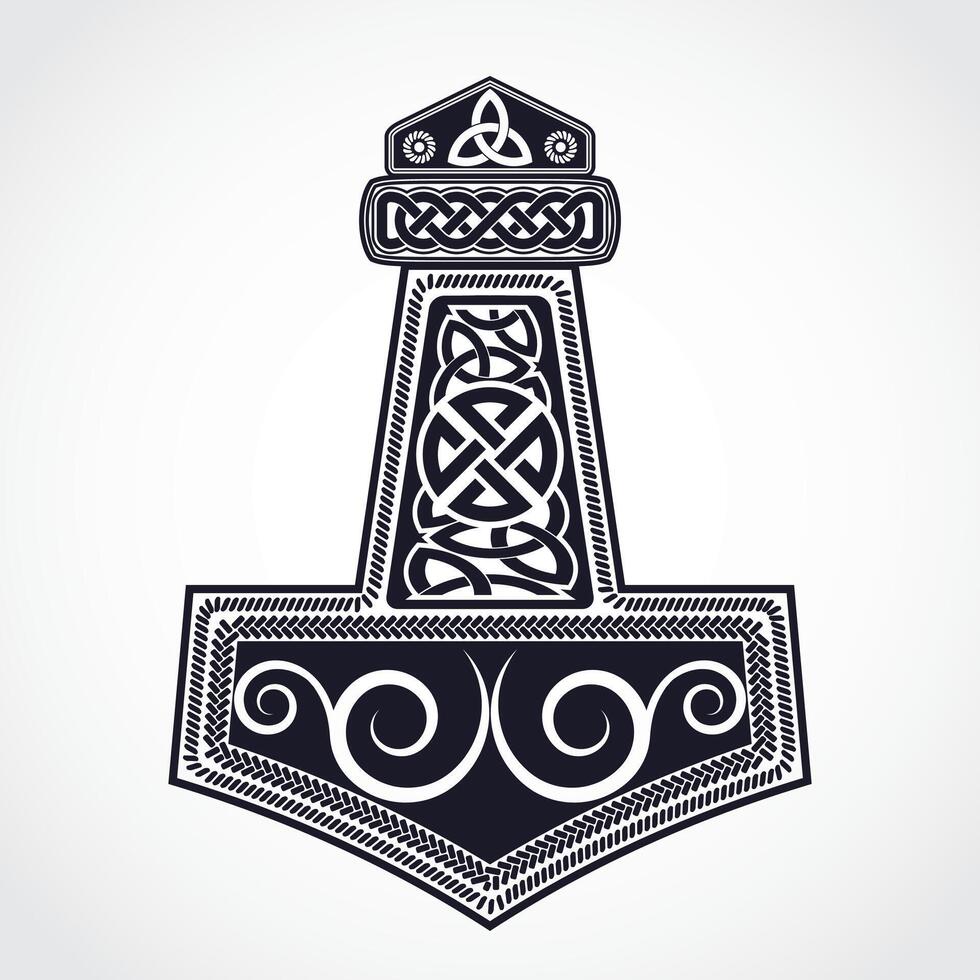 mjolnir hammer of the thunder god norse mythology, ornamental viking talisman symbol vector
