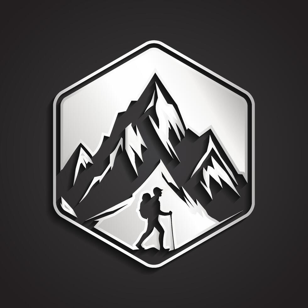 mountain 3d shiny silver hexagon logo design with hiker vector