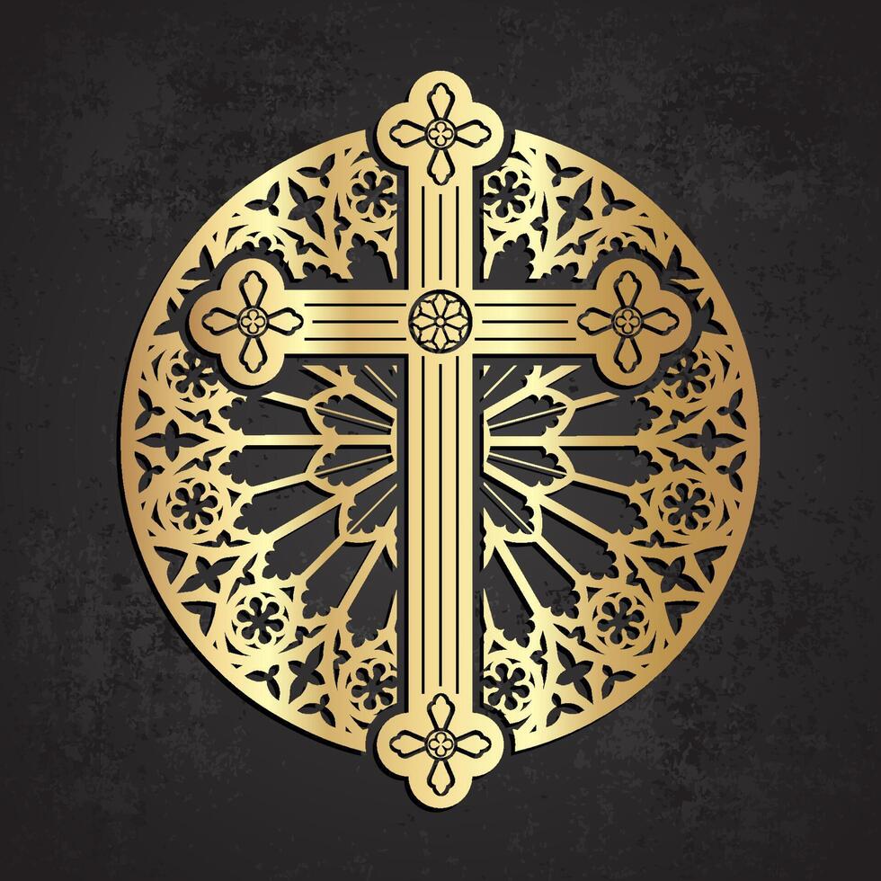 golden gothic cross on rose window circle, illustration vector