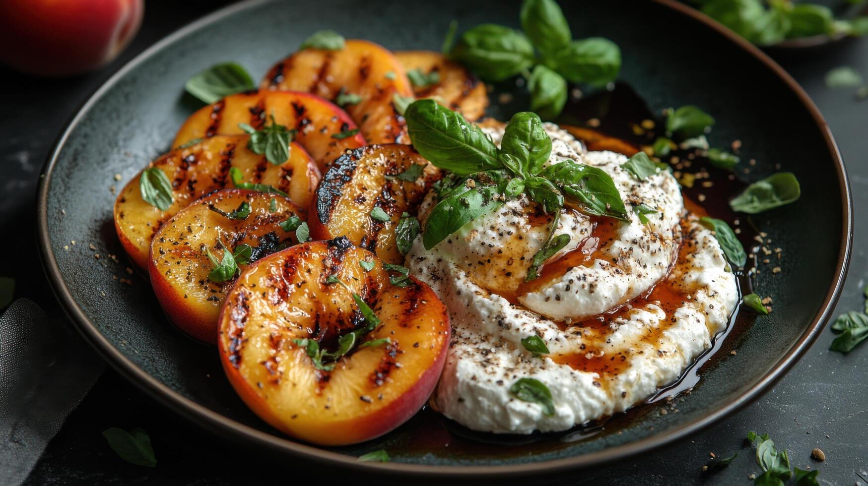 Grilled peaches with creamy burrata and fresh herbs on a plate. photo