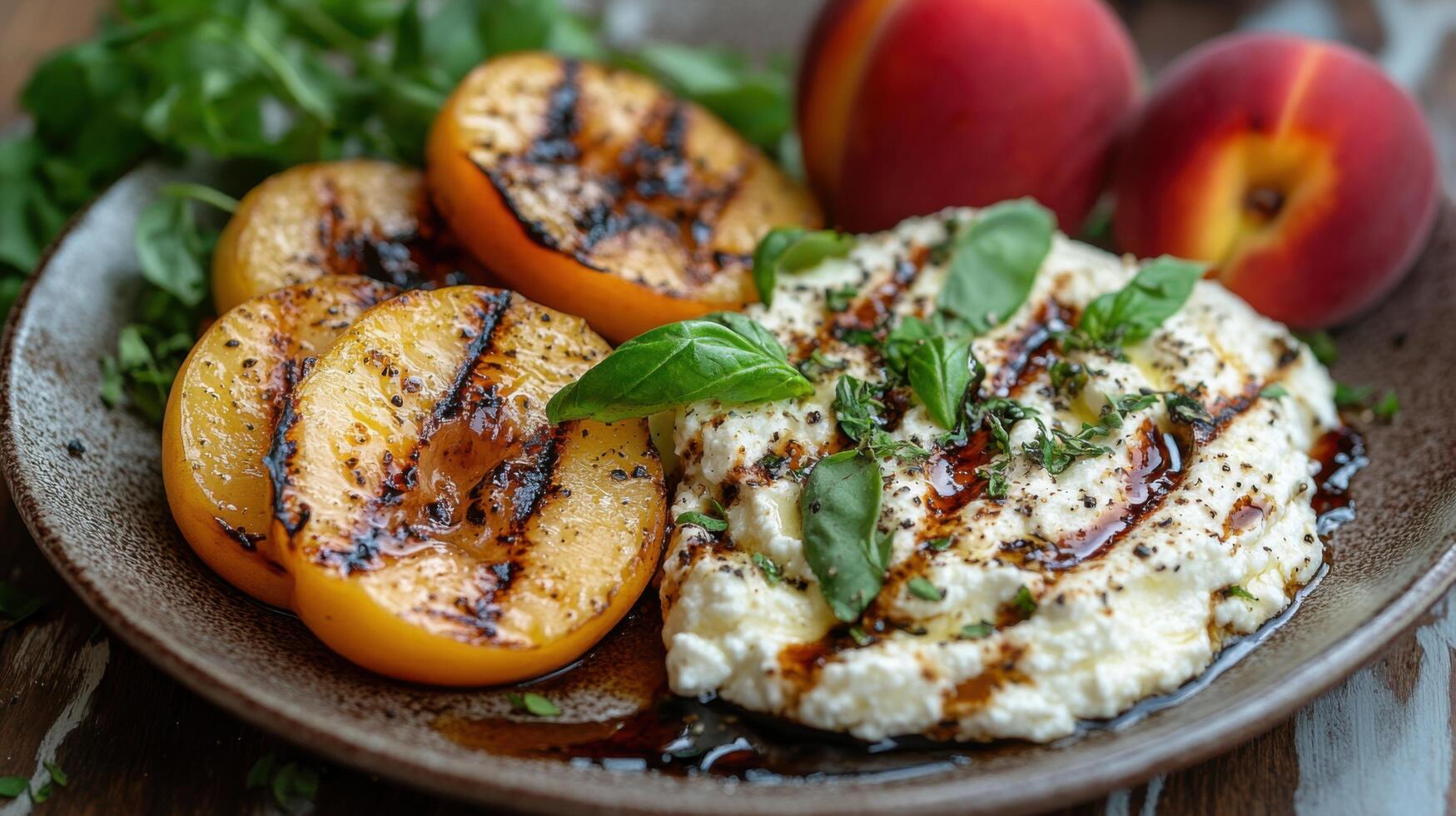 Grilled peaches with ricotta and herbs on a rustic plate. photo
