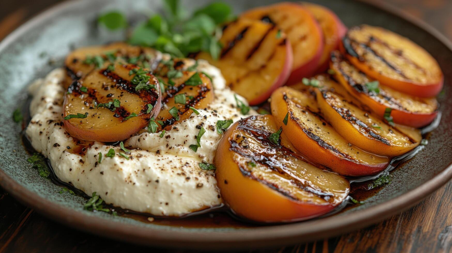 Grilled peaches on creamy cheese with herbs and balsamic drizzle. photo