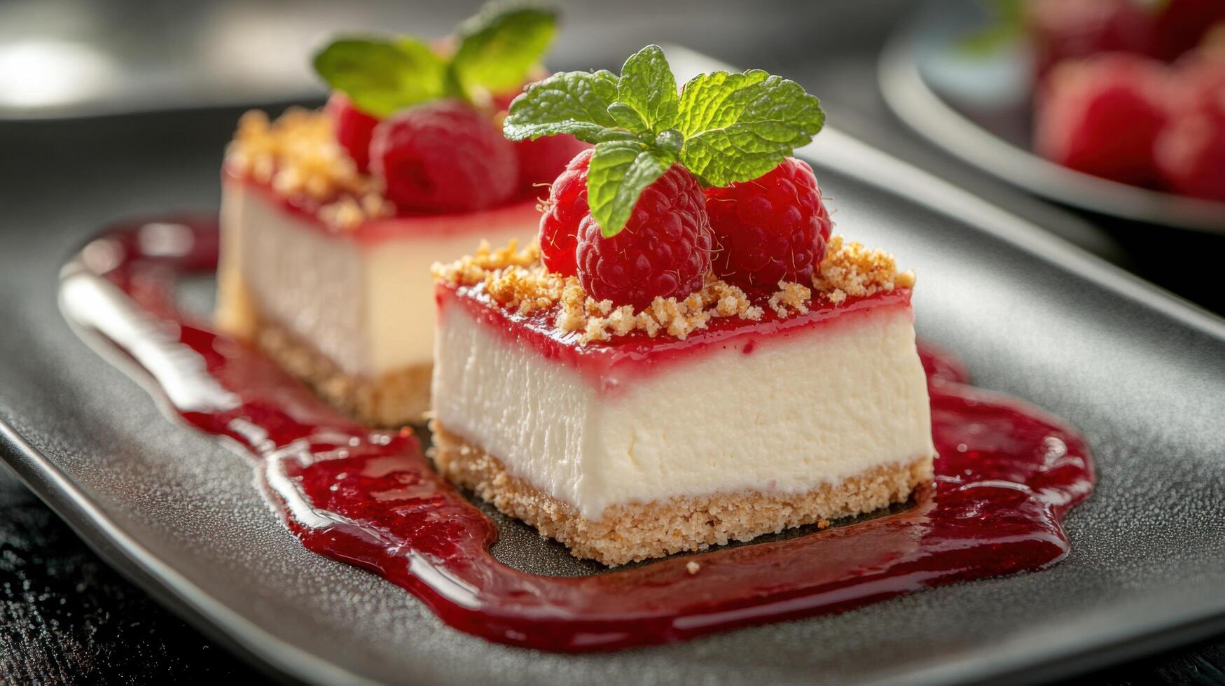 Cheesecake with raspberry sauce on a black plate photo