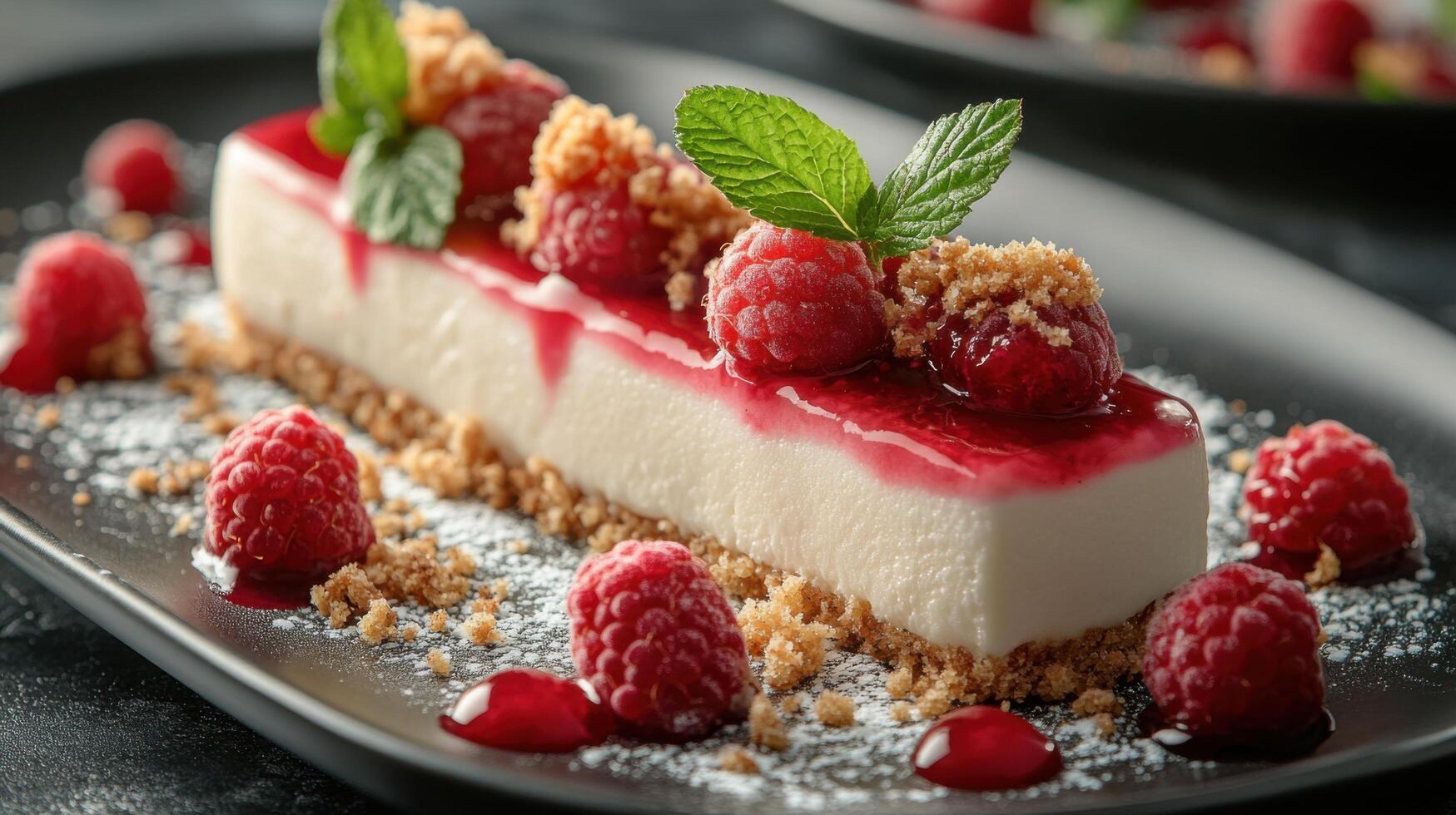 A dessert with raspberries and cream on a black plate photo
