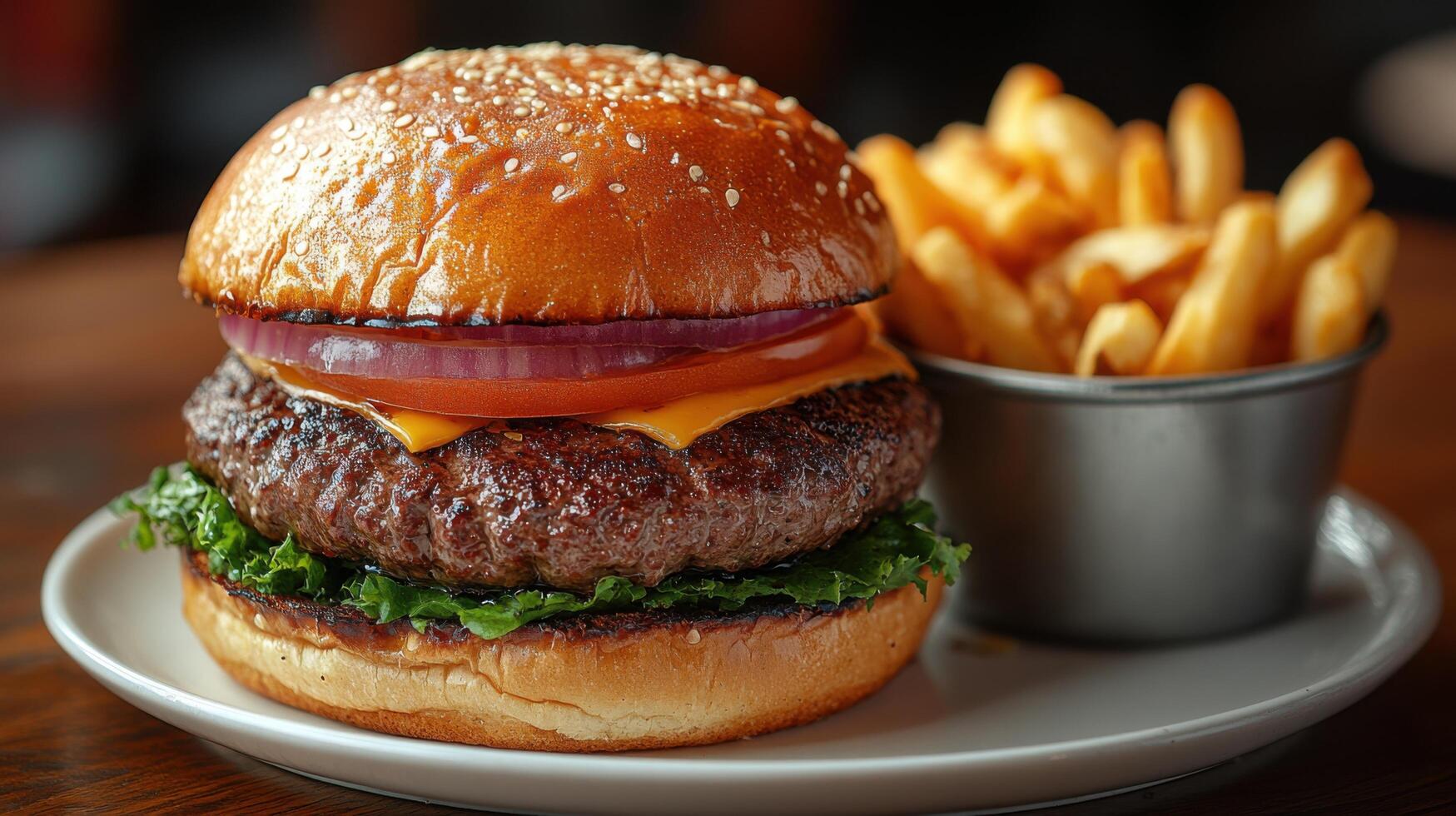 A delicious burger with fries on a plate, showcasing a meal. photo