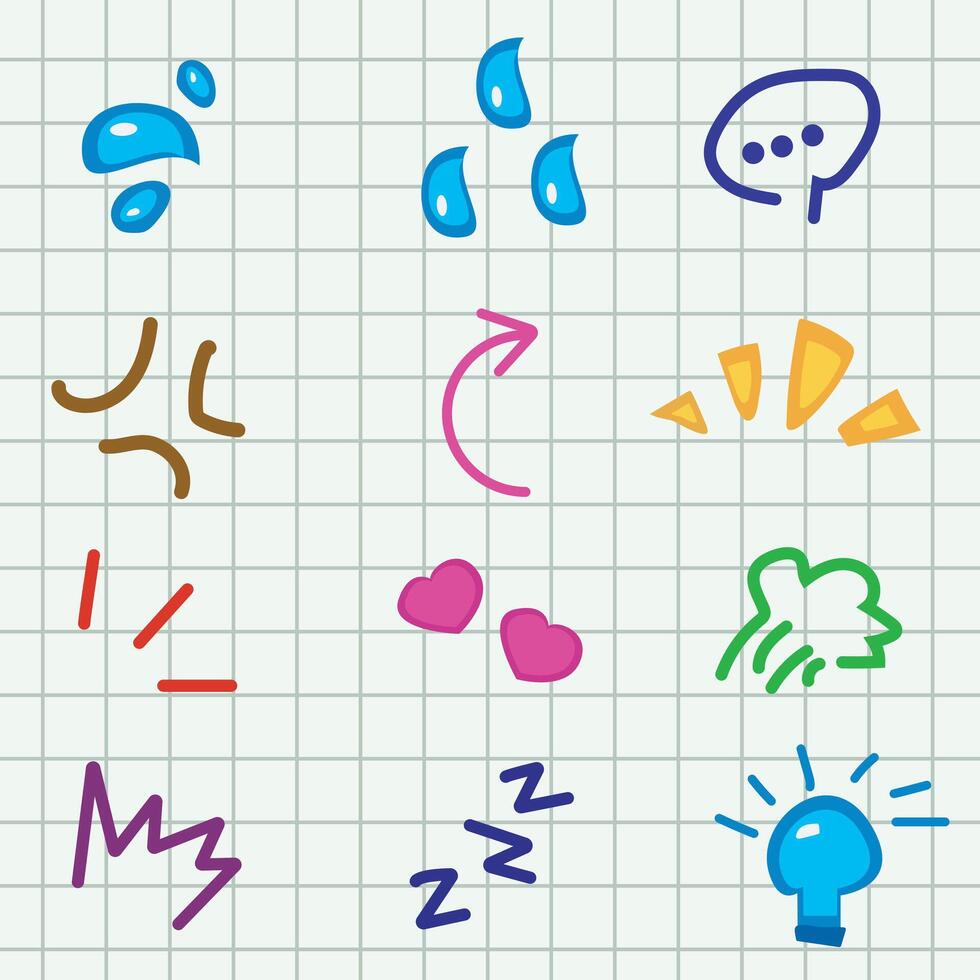 Hand drawn symbols collection cartoon style doodle sign expressions, with colorful curve direction arrows, emoticon effects. anger, and bubble chat vector
