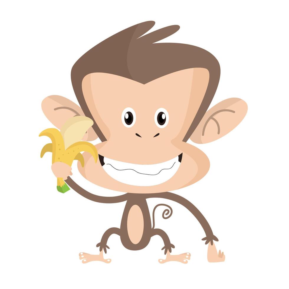Cute cartoon monkey carrying an isolated banana on a white background. Illustration Design vector