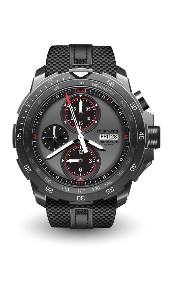 Realistic watch clock black steel face white arrow number with fabric strap on isolated design classic luxury vector