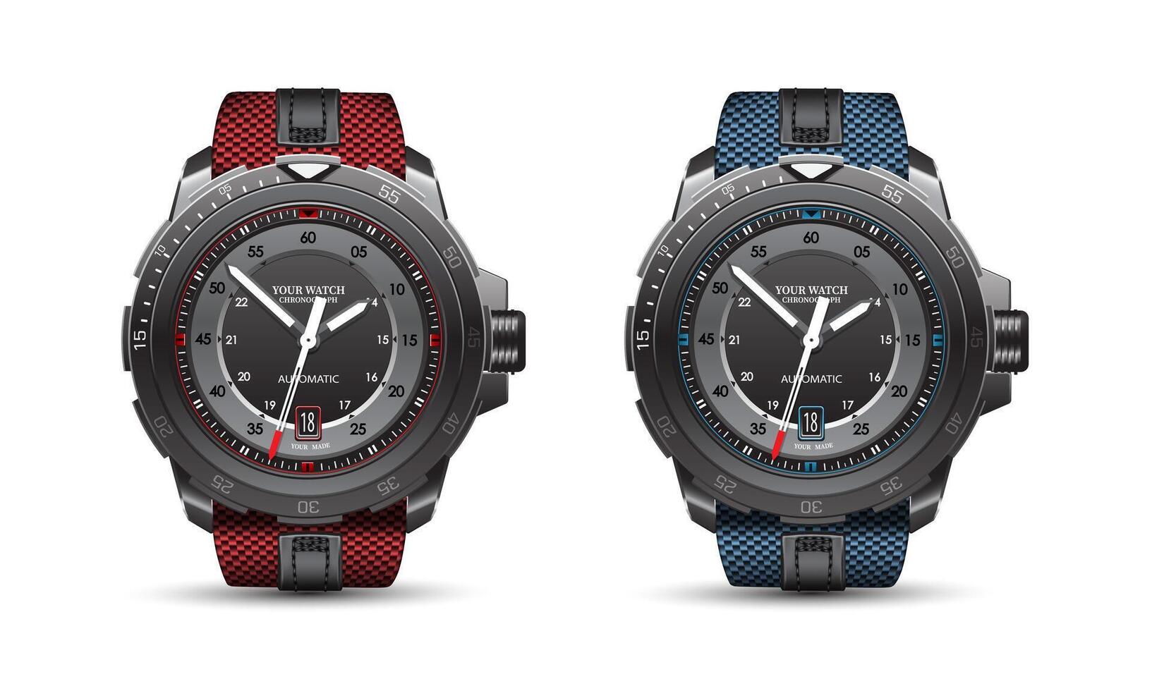 Realistic watch clock black steel face white arrow number with red blue fabric strap on isolated collection design classic luxury vector