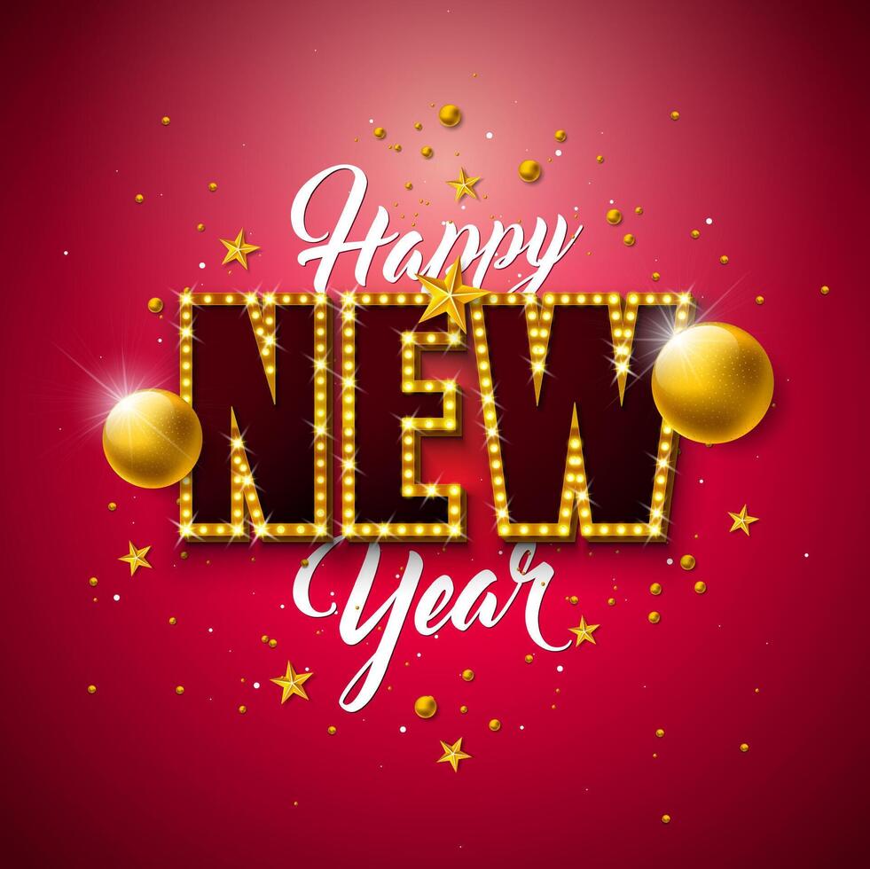 2022 Happy New Year Illustration with 3d Light Bulb Typography Lettering and Christmas Ball on Red Background. Holiday Design with Shiny Bright Lights for Flyer, Greeting Card, Banner vector