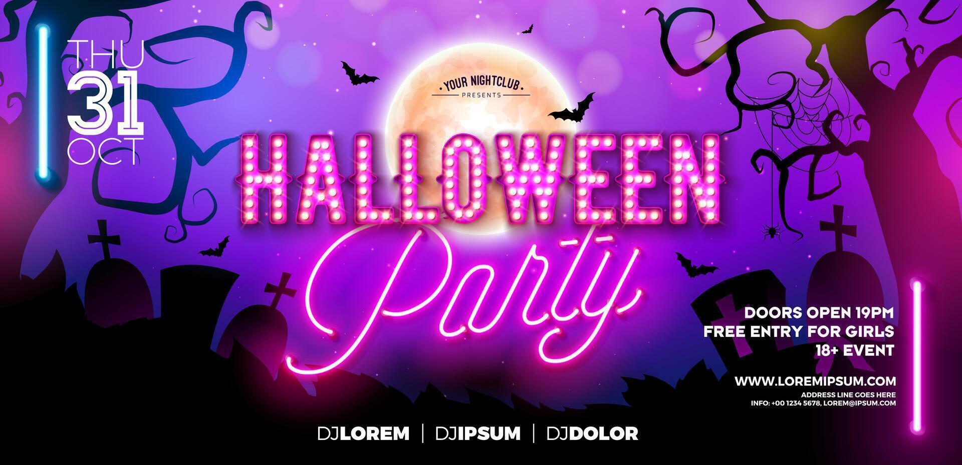 Halloween Party Banner Illustration with Moon and Light Bulb Neon Lettering on Scary Cemetery Background. Holiday Design Template with Flying Bats for Flyer, Party Invitation, Greeting Card vector