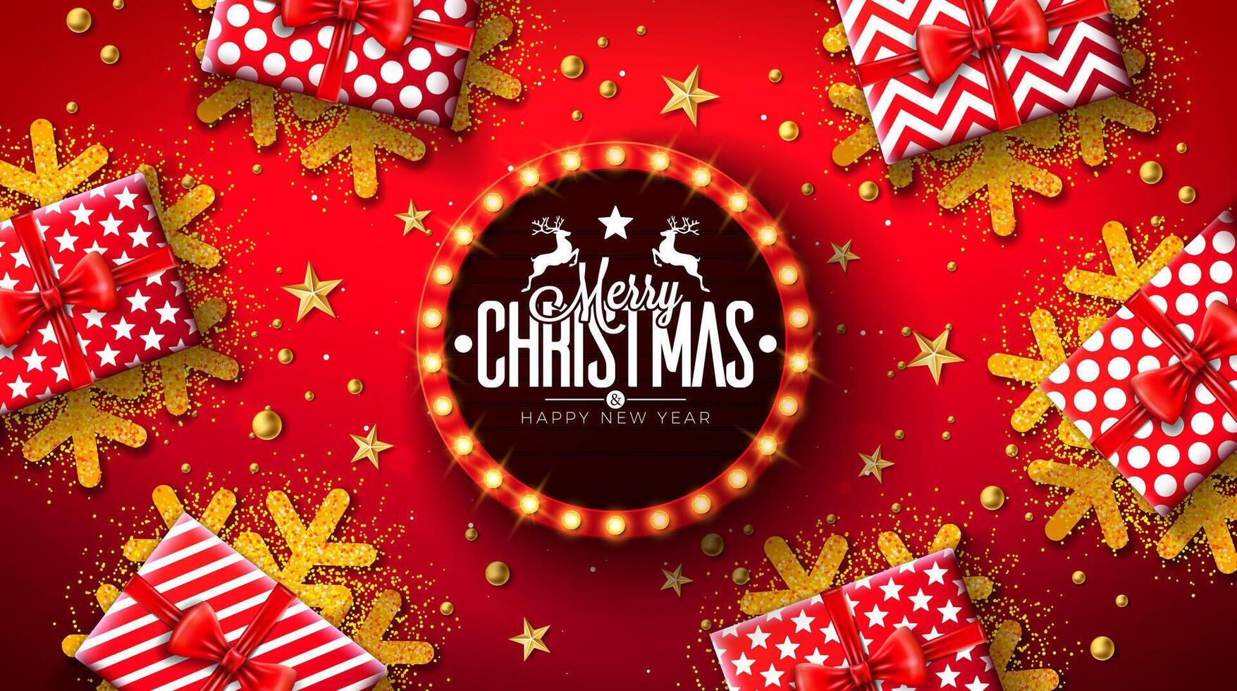 Merry Christmas and Happy New Year Illustration with Typography Letter on Light Sign Board, Glass Ball and Pine Branch on Red Background. Holiday Design for Greeting Card, Party Invitation or vector