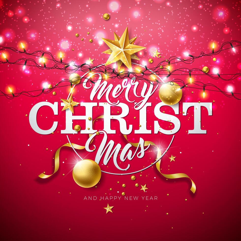 Merry Christmas and Happy New Year Illustration with Gold Glass Ball, Star, Light Garland and Typography Elements on Red Background. Holiday Season Design for Greeting Card, Party Invitation or vector