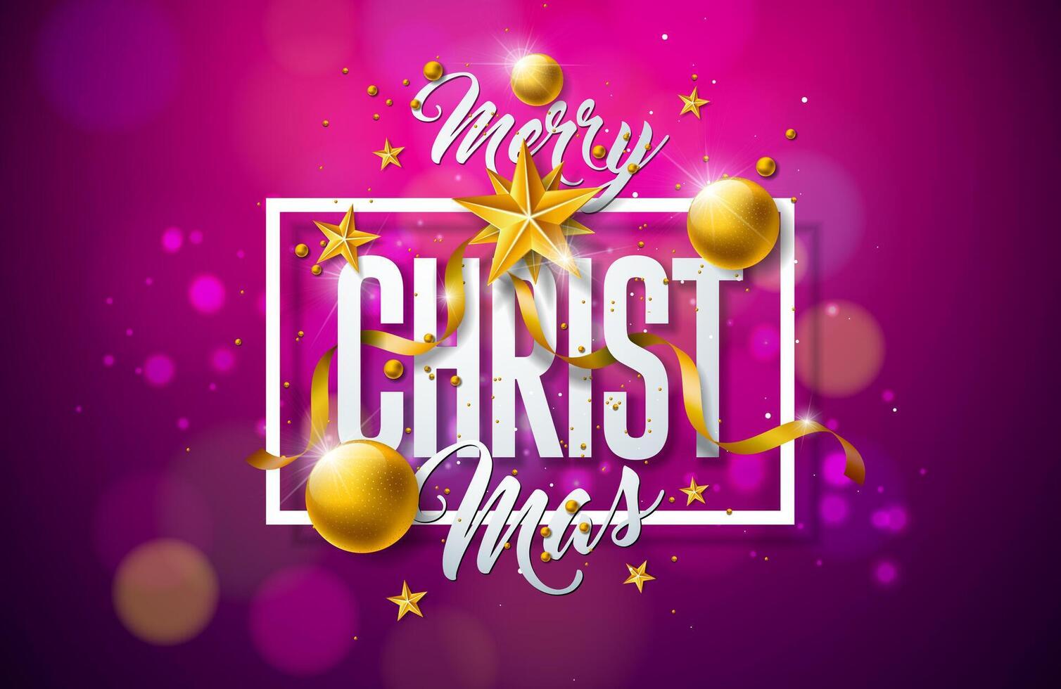 Merry Christmas and Happy New Year Illustration with Gold Glass Ball, Star and Typography Elements on Shiny Violet Background. Holiday Season Design for Greeting Card, Party Invitation or Promo vector