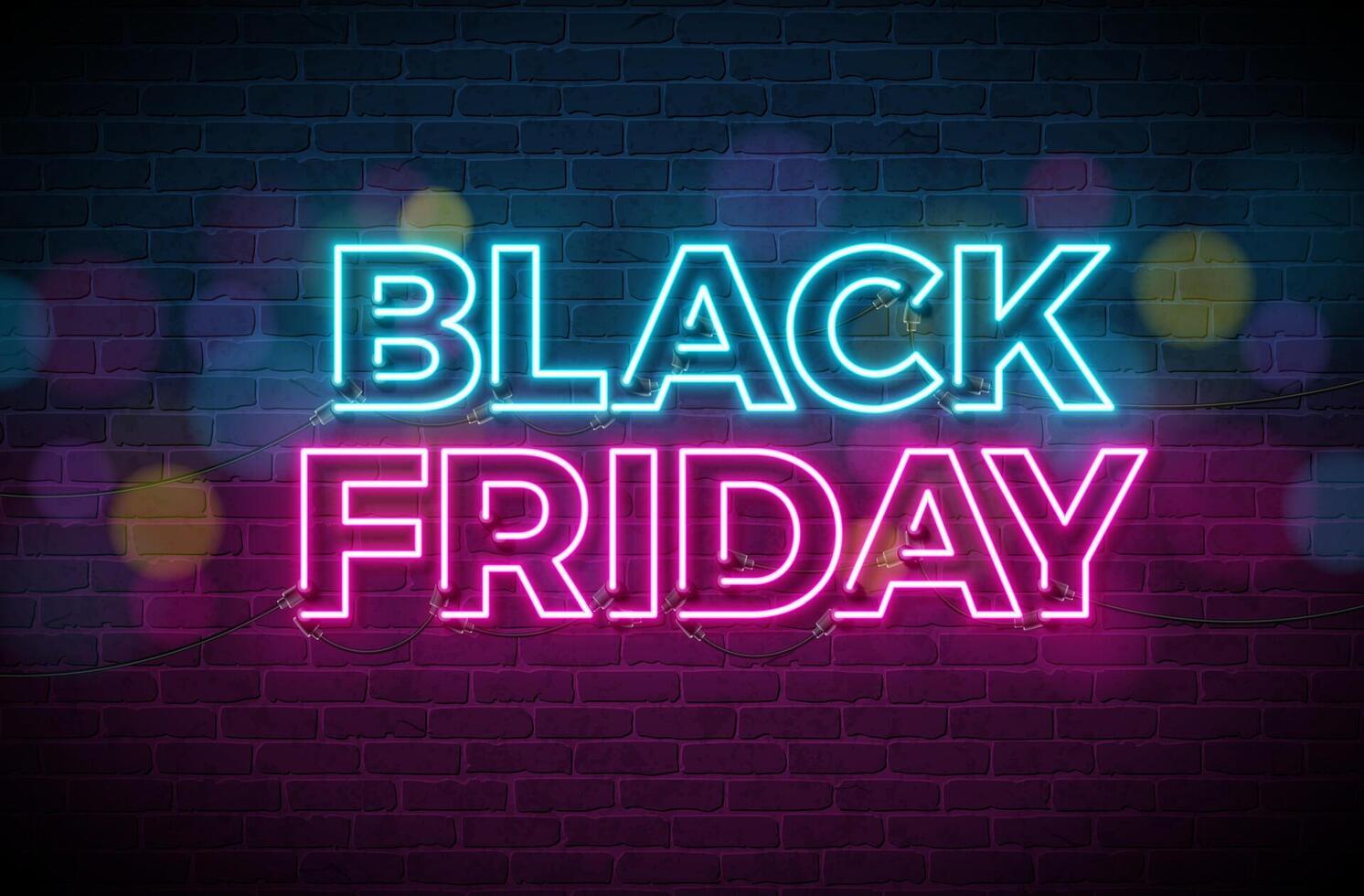 Black Friday Sale Illustration with Glowing Neon Light Lettering on Dark Brick Wall Background. New Year and Christmas Design Template for Greeting Card, Flyer, Banner, Celebration Poster or vector