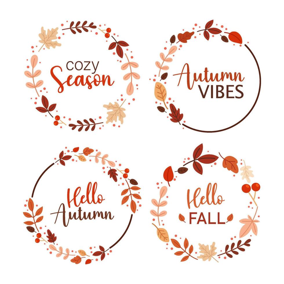 Set of round wreaths with different leaves and twigs. Autumn lettering. Greeting card design, sales, poster, flyer, web banner, net poster. Autumn decoration. vector