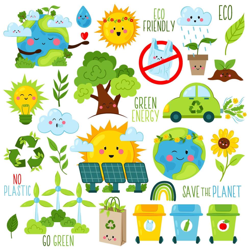 Set of eco-friendly illustrations. Cute characters of environmental protection. Stop pollution. Waste recycle. Eco and nature saving. Kids illustration in a flat style. vector