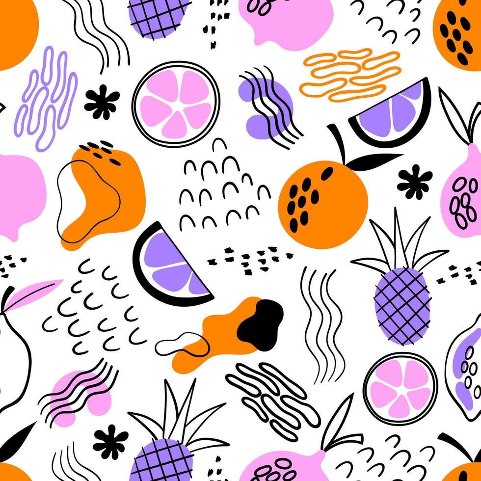 Tropical abstract seamless pattern. Abstract fruits with different geometric shapes. Abstract background. Pattern for textile, wrapping paper, background. vector