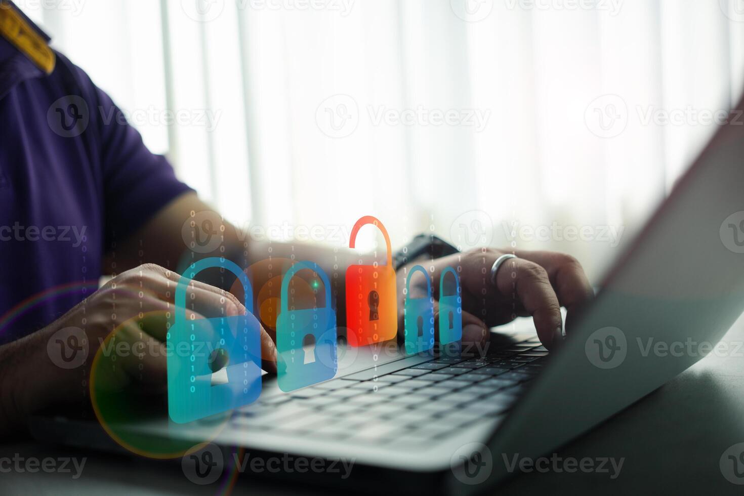 Men use computer identification to access data, and unlock digital padlock. photo