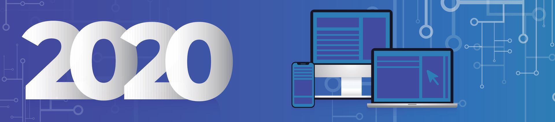 Classic blue banner 2022 with graphic elements such as laptop, phone and a computer. vector