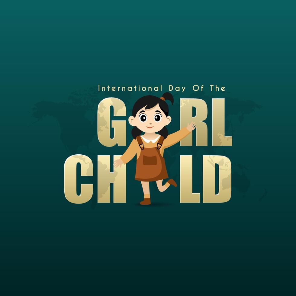 International Day of the Girl Child. with a green background and a little girl in a brown dress vector