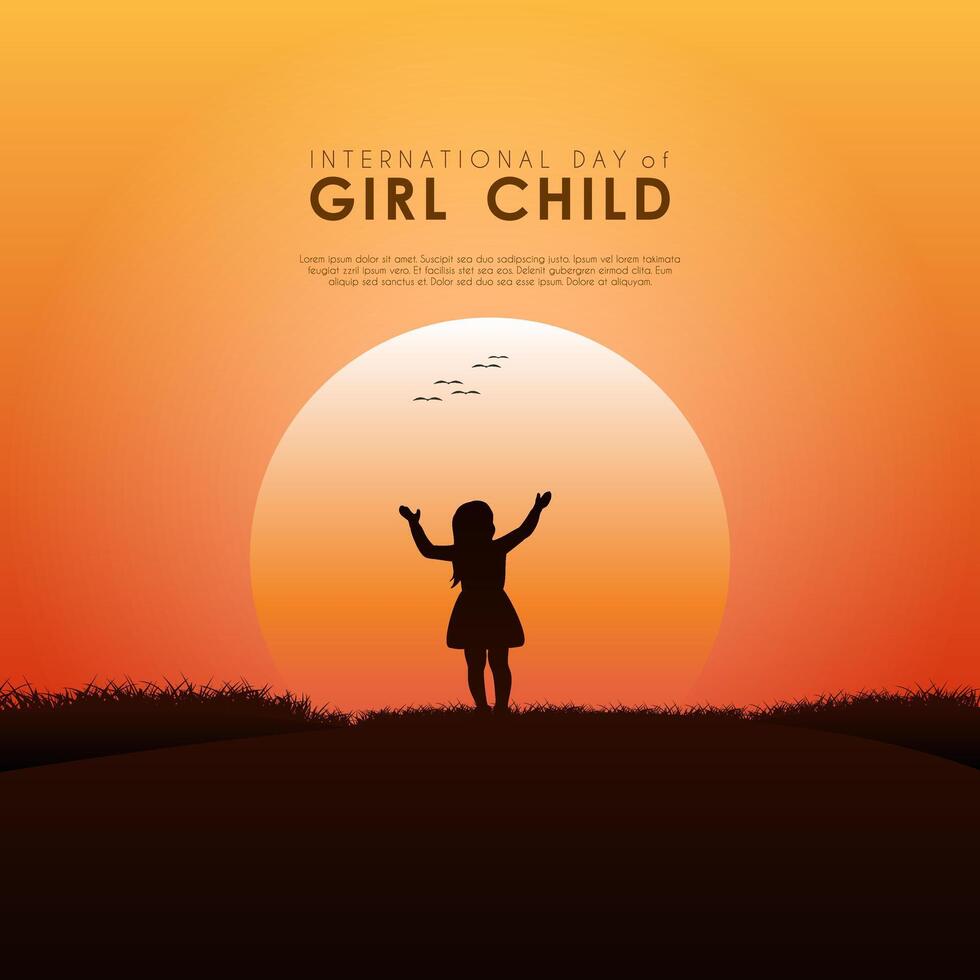 International Day of the Girl Child. with a silhouette design of a little girl behind the sunset vector